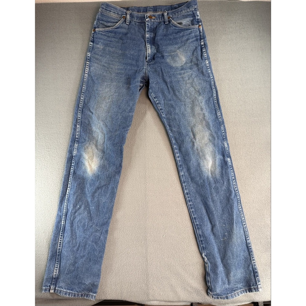 Wrangler Cowboy Cut Jeans Mens 31x34 Med Blue Bootcut Distressed Denim 13MWZPW